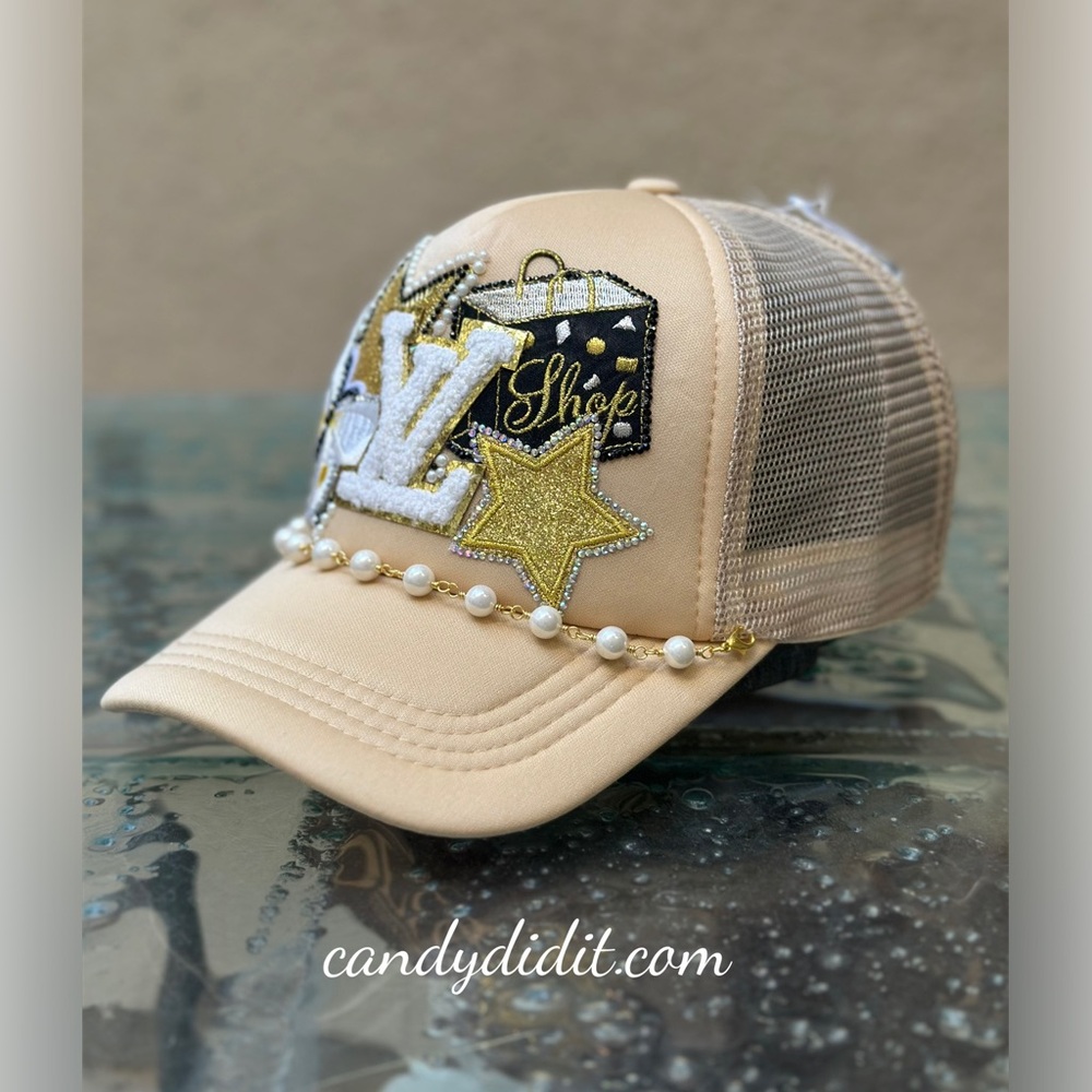 Beautiful Handmade LV Embellished Beige Cap with Pearls and Patches - Picture 6 of 9